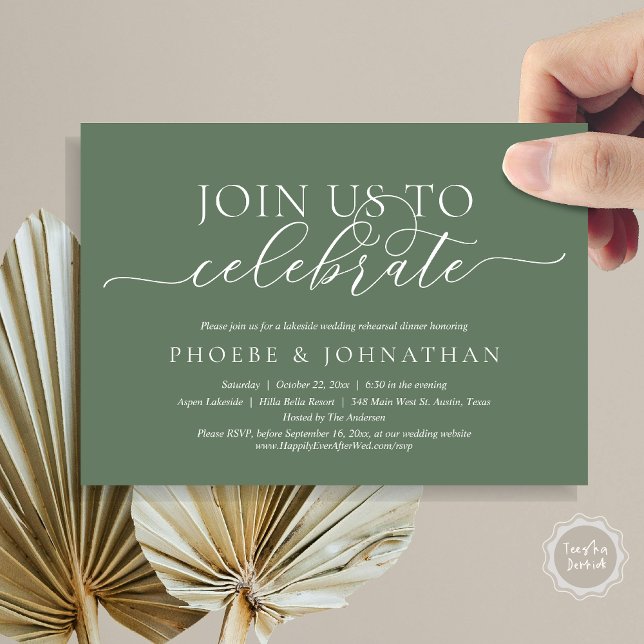 Join Us To Celebrate, Wedding Rehearsal Dinner Invitation (Join Us To Celebrate, Romantic Wedding Rehearsal Dinner Invitation Card, PDF, in Forest Sage Green)