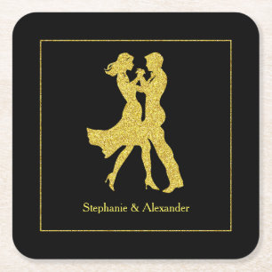 Joint Birthday Party Adults Golden Dance Couple Square Paper Coaster