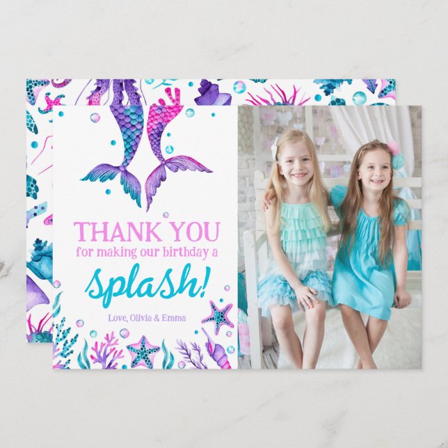 Joint Birthday Sisters Mermaid Thank You Card (Front/Back)