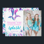 Joint Birthday Sisters Mermaid Thank You Card<br><div class="desc">This joint birthday sisters watercolor thank you card features two mermaids tails, coral and sea shells on the front, there is also space for you to add a photo. On the back is a pattern of sea creatures such as jellyfish, sea turtles, sea horses, stingrays, crabs and more. You can...</div>