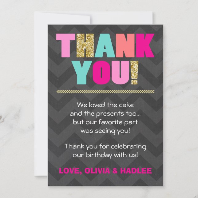 Joint birthday Thank you card Twins Pink Gold Mint (Front)