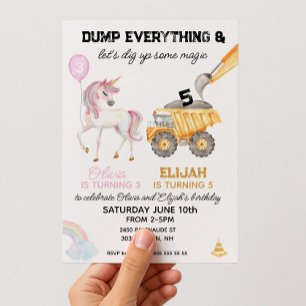 Joint Birthday Unicorn and Construction party Invitation