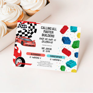 Joint Building Blocks & Race Cars Sibling Birthday Invitation