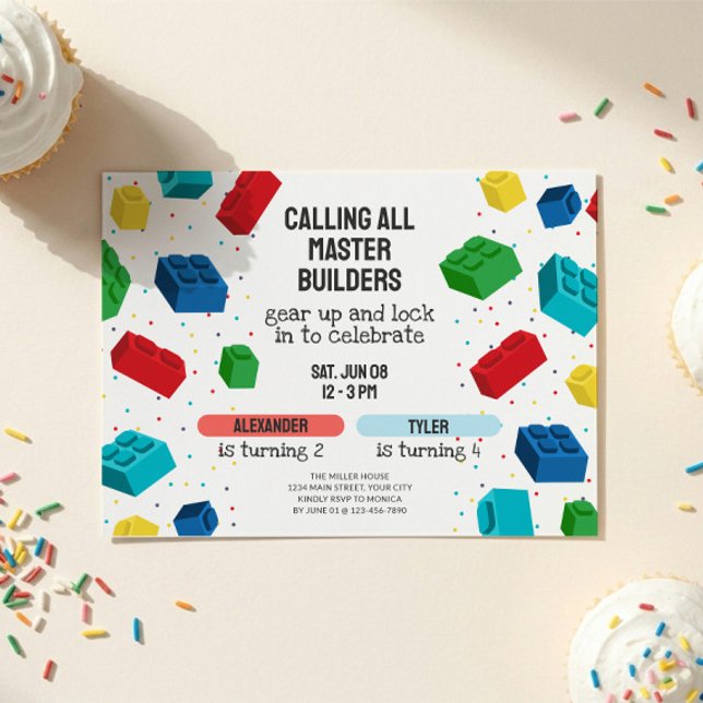 Joint Building Blocks Sibling Birthday Invitation (Kids Building Block Dual Birthday Party Invitation)