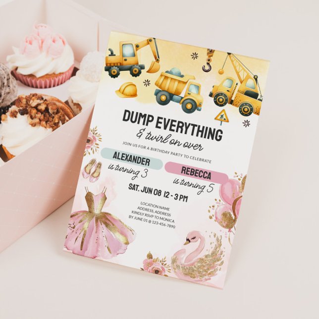 Joint Construction & Ballerina Sibling Birthday Invitation (Joint Kids Birthday Invite - Construction & Ballerina)
