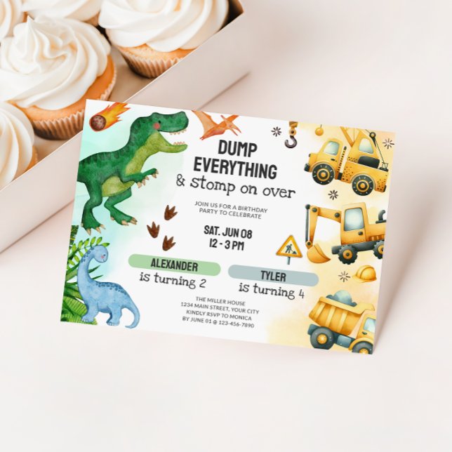 Joint Dinosaur & Construction Sibling Birthday Invitation (Joint Dinosaur & Constructions Birthday Invite)