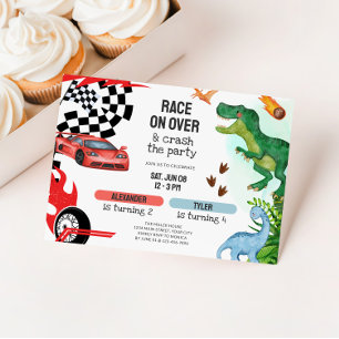 Joint Dinosaur & Race Cars Sibling Birthday Invitation