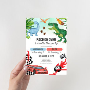 Joint Dinosaur & Race Cars Sibling Birthday Invitation