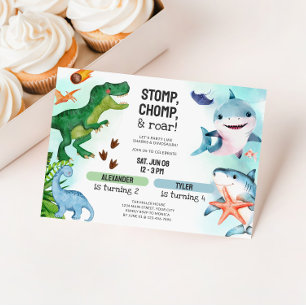 Joint Dinosaur & Sharks Sibling Birthday Invitation