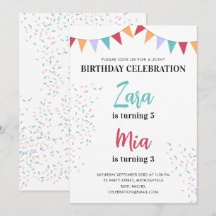 Joint Double Birthday Party Colourful Kids Invitation