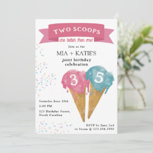 Joint Double Birthday Party Ice Cream Cone Invitation