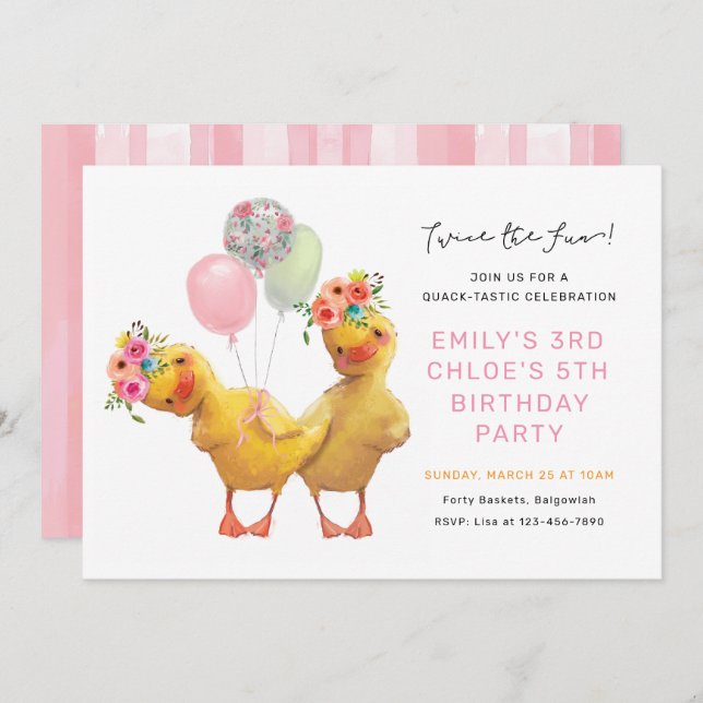 Joint Ducklings Birthday Invite, Siblings Friends  Invitation (Front/Back)