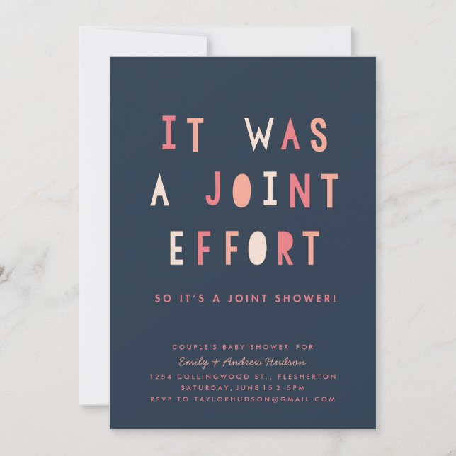 Joint Effort Couple's Baby Shower Invitation Navy (Front)