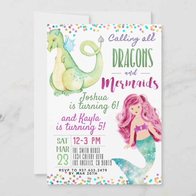 Joint Mermaid Dinosaur Birthday Invitation (Front)