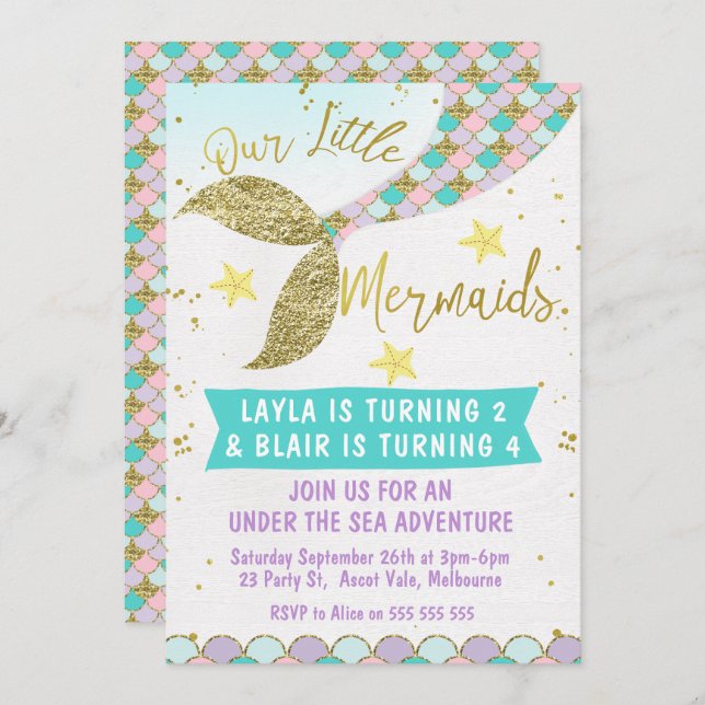 Joint or twins Mermaid Tail Birthday invitation (Front/Back)