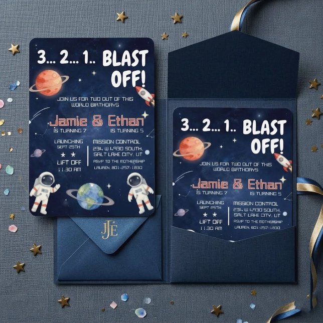 Joint Outer Space Blast Off Sibling birthday  Invitation (Creator Uploaded)