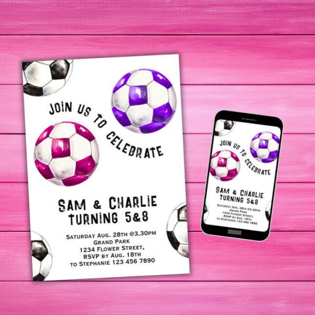 Joint Sibling Dual Sisters Twin Soccer Birthday Invitation (Creator Uploaded)