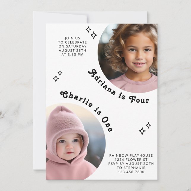 Joint Sibling Portrait Photo Minimal Boho Birthday Invitation (Front)