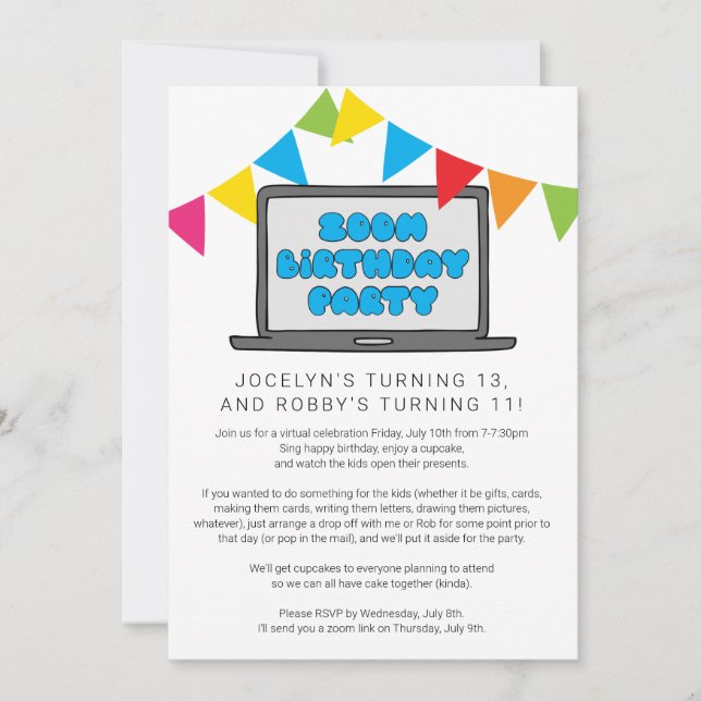 Joint Sibling Zoom Birthday Party Invitation (Front)