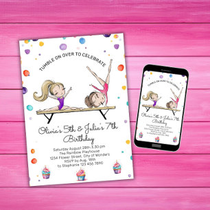 Joint Sisters Dual Sibling Gymnastics Birthday Invitation