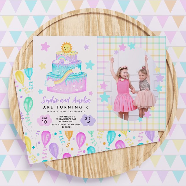 Joint Sisters Rainbow Birthday Party Photo Invitation (Joint girl rainbow birthday invitation with a photo)