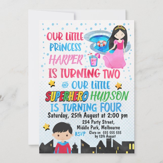 Joint Superhero And Princess Birthday Invitation (Front)