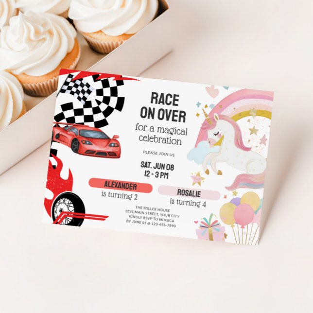 Joint Unicorn & Race Cars Sibling Birthday Invitation (Joint Kids Birthday Party Invitation - Race Cars & Unicorns)