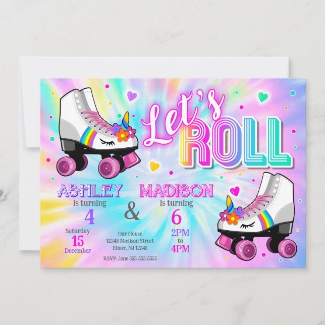 Joint Unicorn Roller Skating Tie Dye Birthday Invitation (Front)