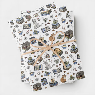 Jolabokaflod Books, Cats, and Cocoa Christmas Gift Wrapping Paper Sheet