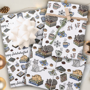 Jolabokaflod Books, Cats, and Cocoa Christmas Gift Wrapping Paper Sheet