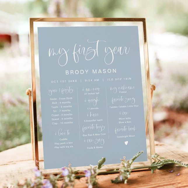 JOLIE Boho Dusty Blue Boy First Birthday Milestone Poster (Creator Uploaded)