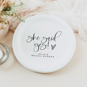 JOLIE Minimalist She Said Yes Heart Bridal Shower Paper Plate