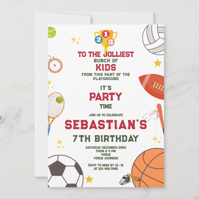 Jolliest Bunch Modern Sports Kids Birthday Party Invitation (Front)