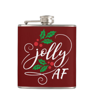 Jolly AF Christmas Holly Alcohol Drinking Humor Hip Flask