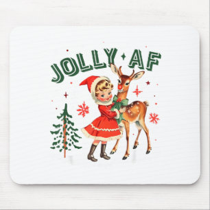 Jolly Af Christmas Retro 50s Cute Girl And Deer Vi Mouse Pad