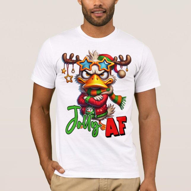 Jolly AF - Sarcastic Grumpy Duck Christmas T-Shirt (Front)