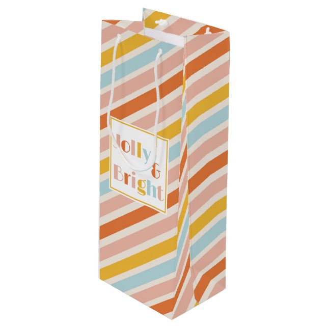Jolly and Bright Retro Modern Stripe Christmas Wine Gift Bag (Front Angled)