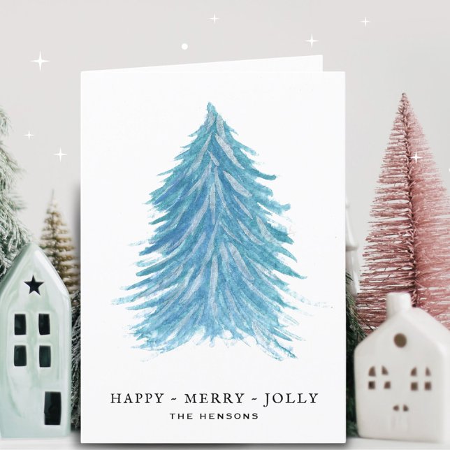 Jolly Blue Christmas Tree Watercolor Drawing Holid Holiday Card (Creator Uploaded)