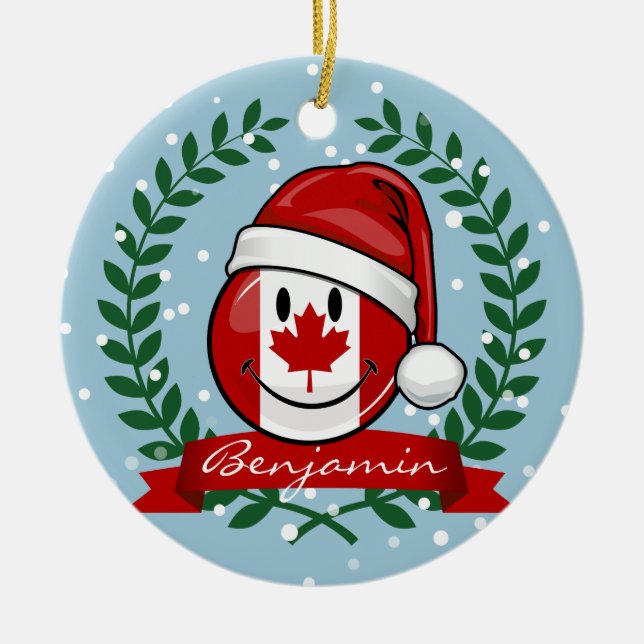 Jolly Canadian Flag Christmas Style Ceramic Tree Decoration (Front)