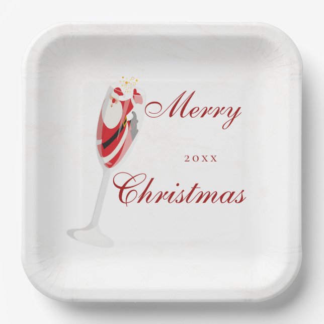 Jolly Christmas Cheers with Santa Champagne winter Paper Plate (Front)
