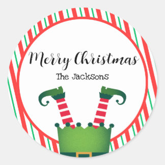 Jolly Christmas Elf Legs Stripes Holiday Classic Round Sticker
