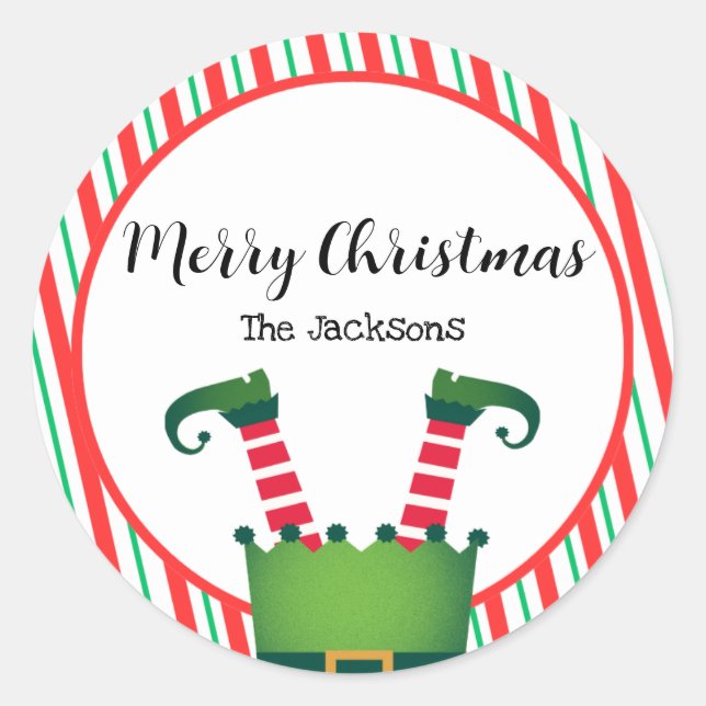 Jolly Christmas Elf Legs Stripes Holiday Classic Round Sticker (Front)