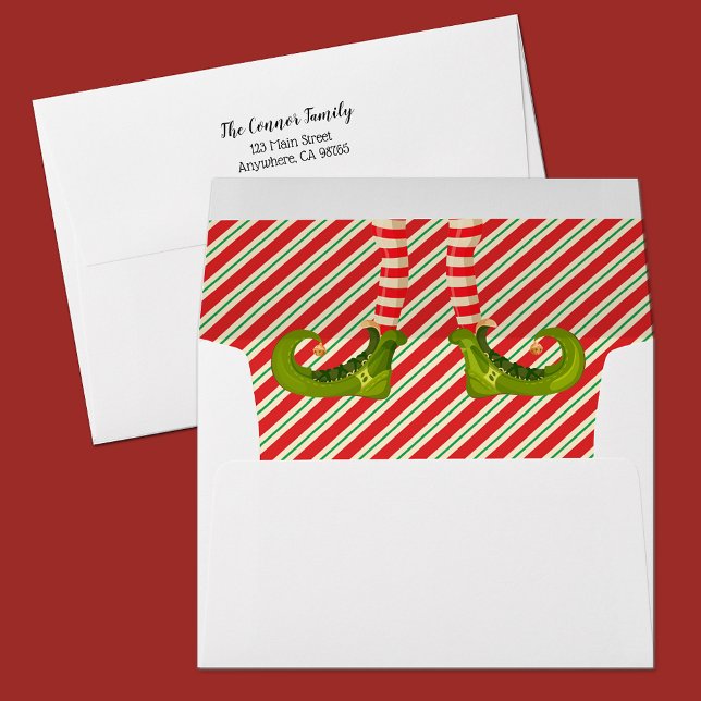 Jolly Christmas Elf Legs Stripes Holiday Envelope (Jolly Christmas elf legs on stripes lined envelopes with FREE return address)