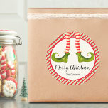 Jolly Christmas Elf Legs Stripes Holiday ROUND Classic Round Sticker<br><div class="desc">Fun elf legs wearing red and ivory striped tights and green boots with jingle bells, and your holiday Christmas details in chic lettering, these ROUND stickers are beautiful for party favours, gifts, invitation envelopes, homemade food gifts and more. ***ALL SHAPES are already done for you in our store plus see...</div>