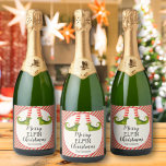 Jolly Christmas Elf Legs Stripes Holiday Sparkling Wine Label<br><div class="desc">Fun elf legs wearing red and ivory striped tights and green boots with jingle bells, and your holiday Christmas greeting in chic lettering, personalise these sparkling wine bottle labels to serve at your holiday party or to give as gifts or party favours, business gifts, corporate gifts, CHANGE THE WORDING "Merry...</div>