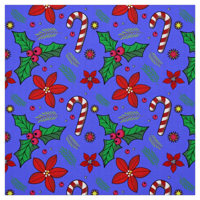 Jolly Christmas Poinsettia Holly Candy Cane fabric (Swatch)
