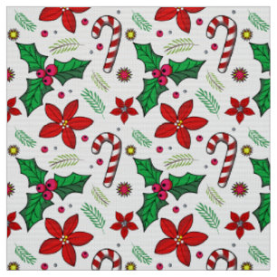 Jolly Christmas Poinsettia Holly Candy Cane fabric