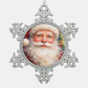 Jolly Christmas Santa Portrait Snowflake Pewter Christmas Ornament