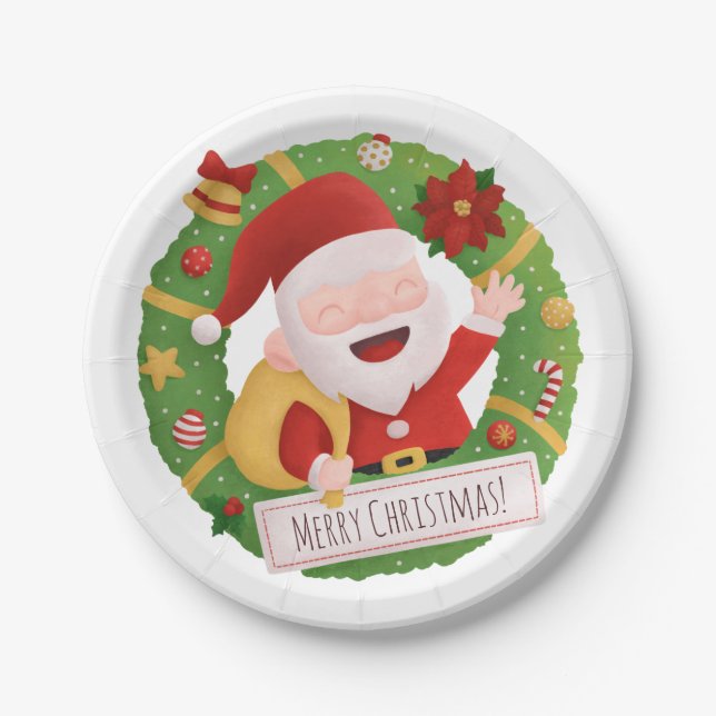 Jolly Cute Santa Claus Xmas Wreath Party Supplies Paper Plate (Front)
