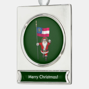 Jolly Father Christmas With Ensign Of Georgia Silver Plated Banner Ornament